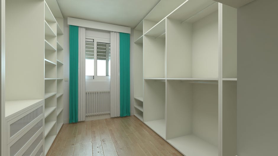 Spacious and modern minimalist wardrobe room with shelves and natural light.