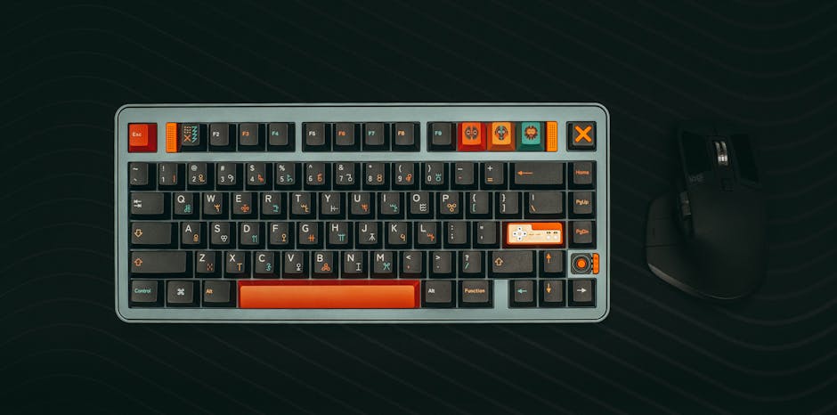 Stylish mechanical keyboard with gaming keys and ergonomic mouse on dark background.