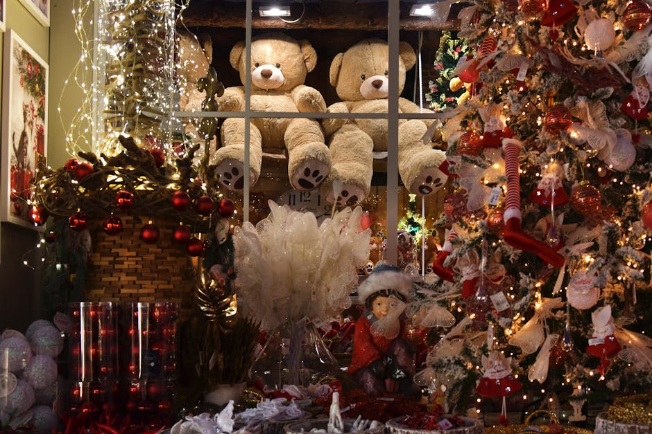 A vibrant shop window adorned with teddy bears, ornaments, and twinkling lights evoking Christmas spirit.