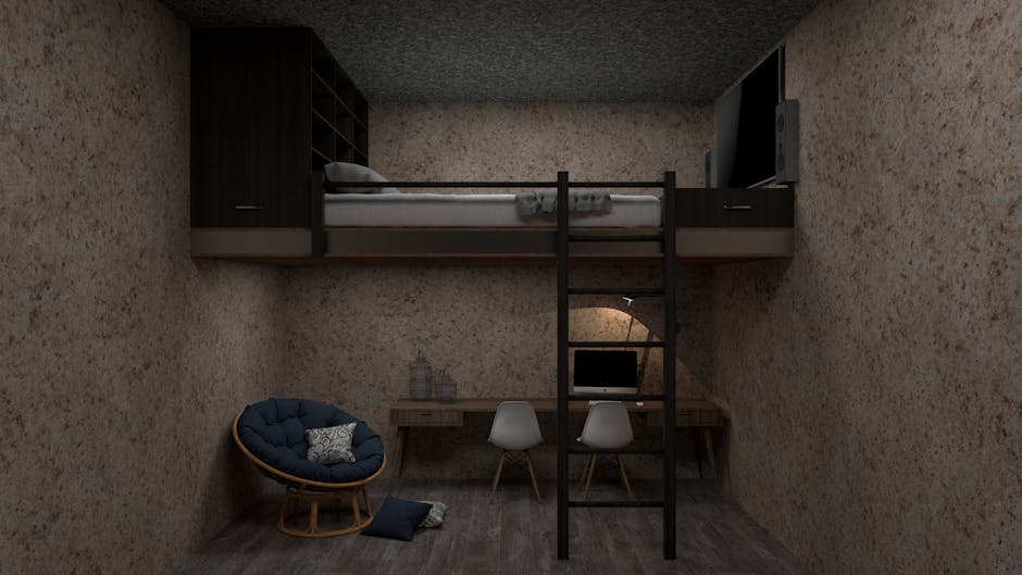 Stylish loft bedroom featuring a bed, workspace, ladder, and chic interior design.