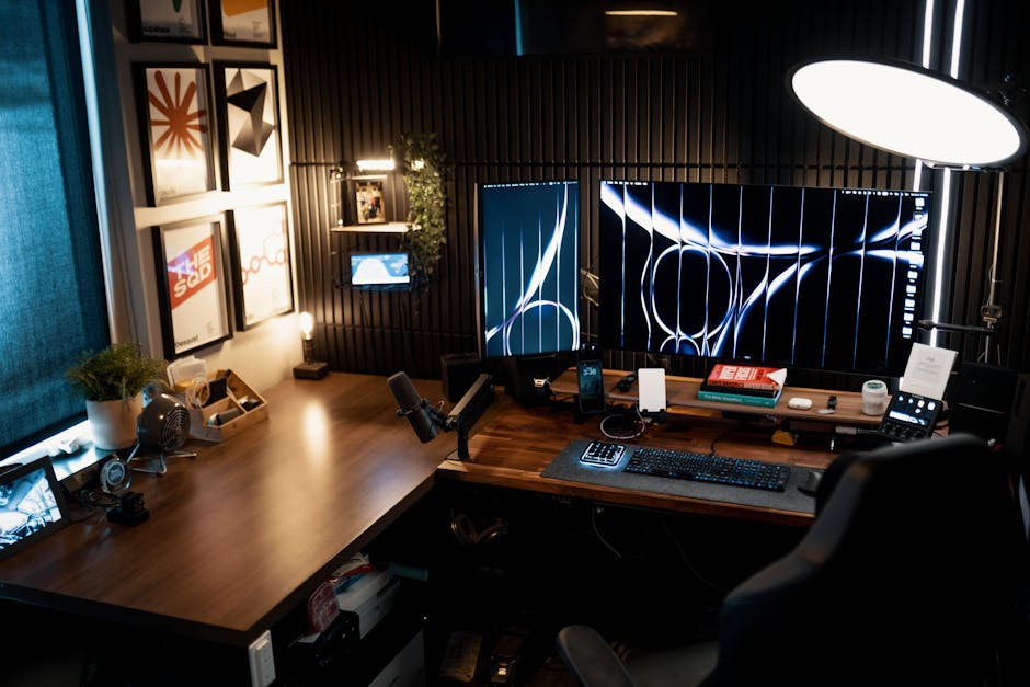 A cozy and modern home office setup featuring dual monitors, stylish decor, and ambient lighting.