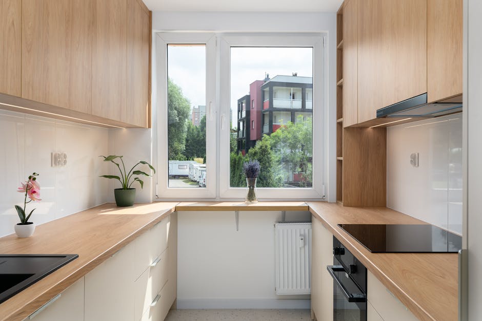 A sleek and contemporary kitchen with natural wood accents and a city view through the large window.