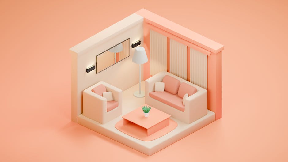 3D render of a pastel-themed living room with modern furniture and decor.
