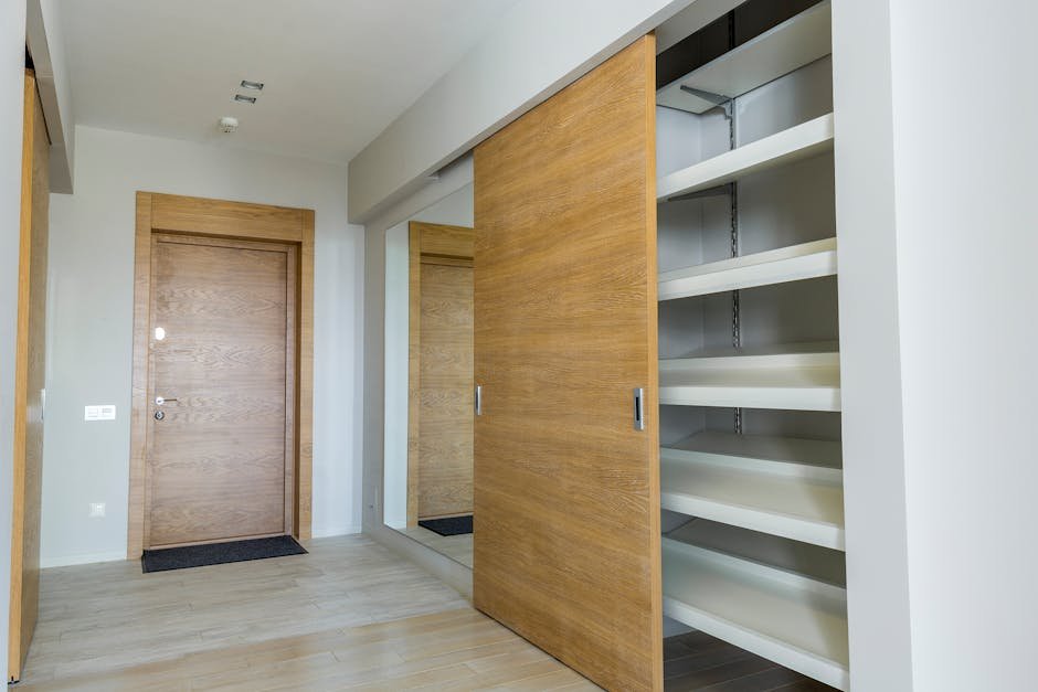 Elegant modern walk-in closet with wooden sliding door and empty shelves in a sleek minimalist style.
