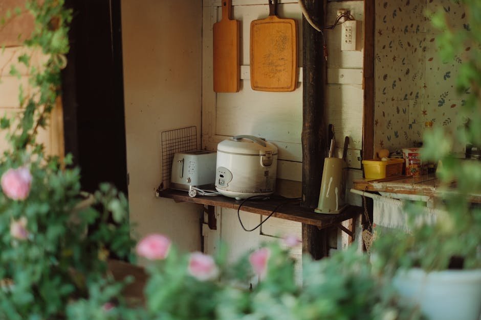 A rustic kitchen scene featuring a rice cooker, cutting boards, and plants.